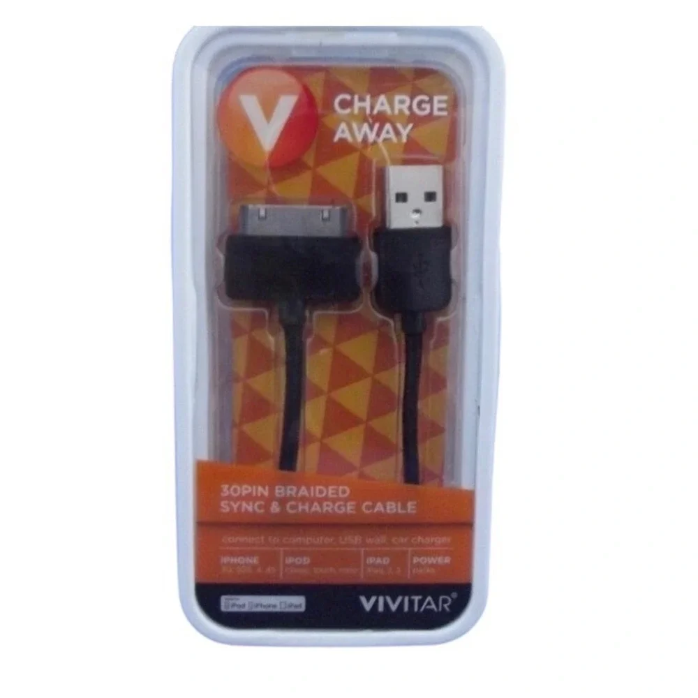 Vivitar 3ft Braided 30-Pin to USB Sync & Charge Cable Black VM11786-BLK-KM NEW